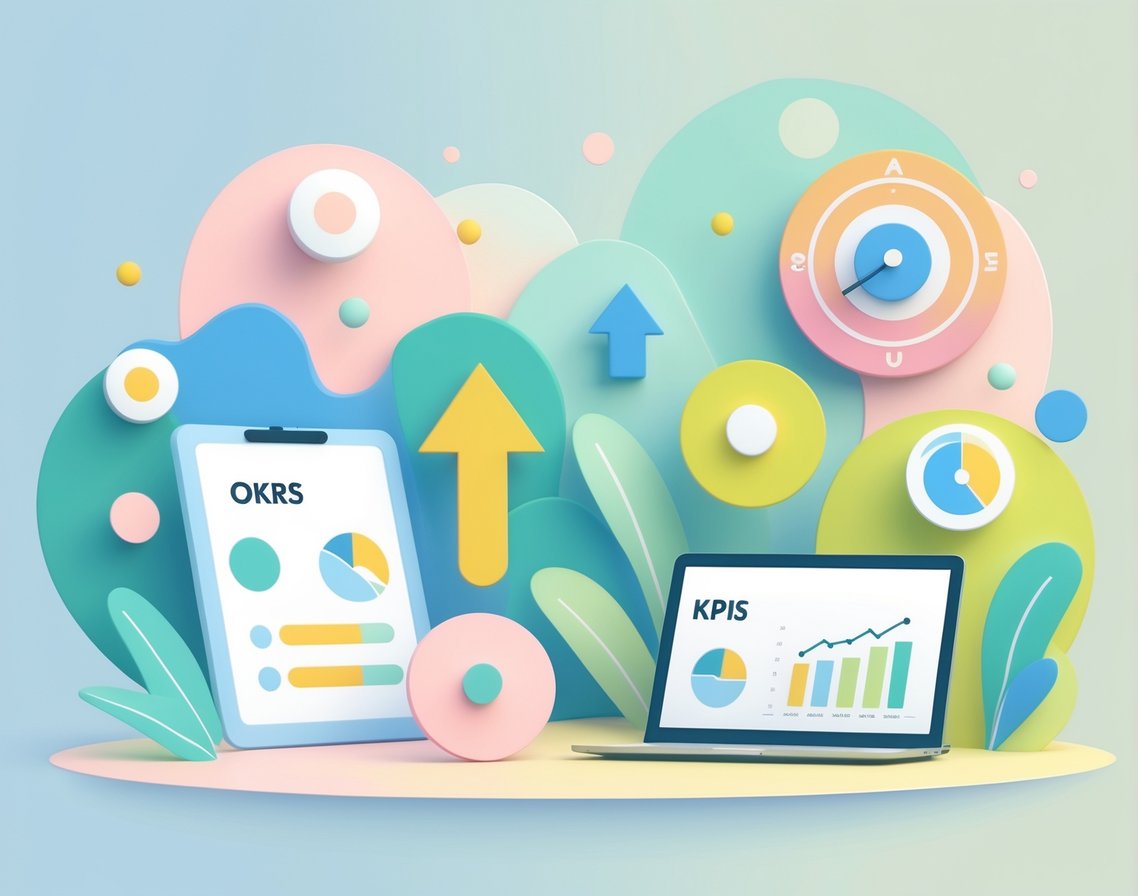 An illustration showing two groups of symbols representing goals and measurements, with arrows, targets, charts, and progress bars arranged side by side on a light background.