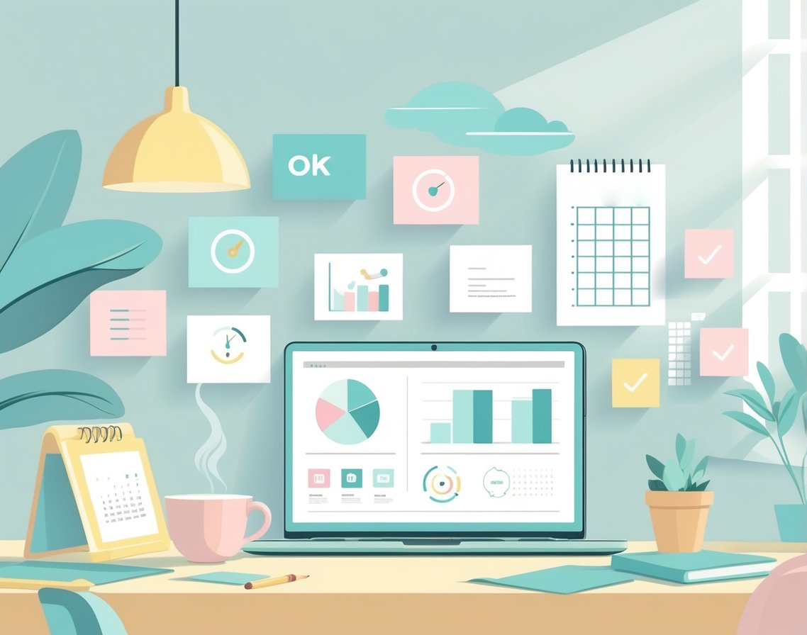 A cozy workspace with a desk holding a laptop showing charts and info about KPIs and OKRs, sticky notes with icons, a calendar, a cup of tea, and a small plant.