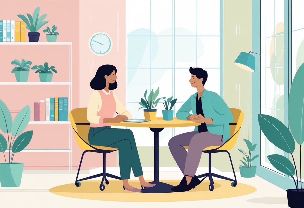 Colleagues communicating and sharing feedback in a warm, friendly office setting.