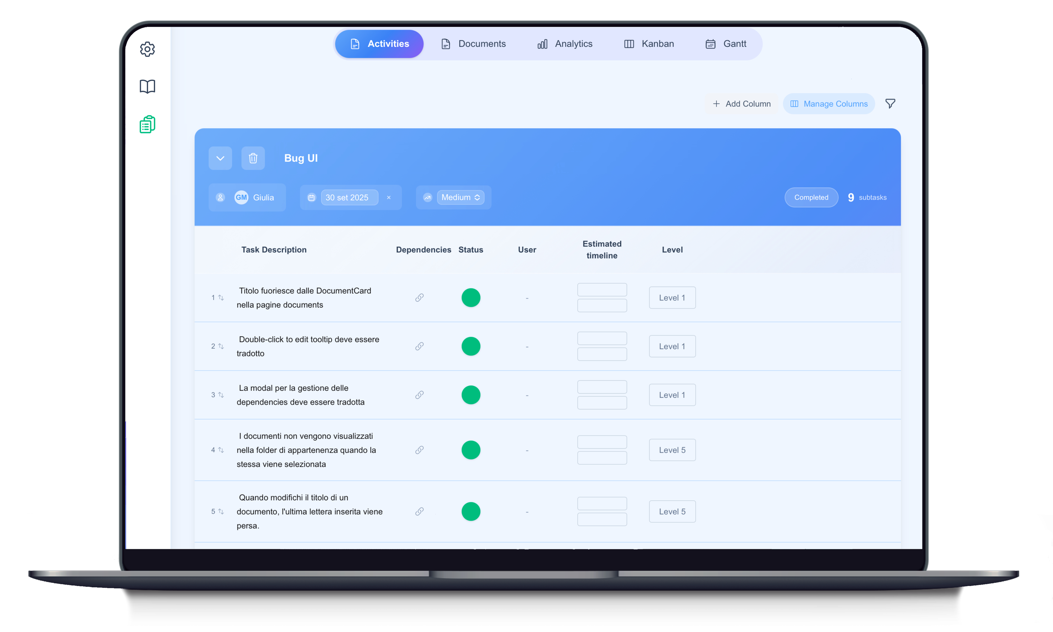 A project managed within Intelness projects, beautifully organised and with a lot of different views possible: tasks, documents, analytics, kanban. Save time, energy and money with Intelness project management solution.
