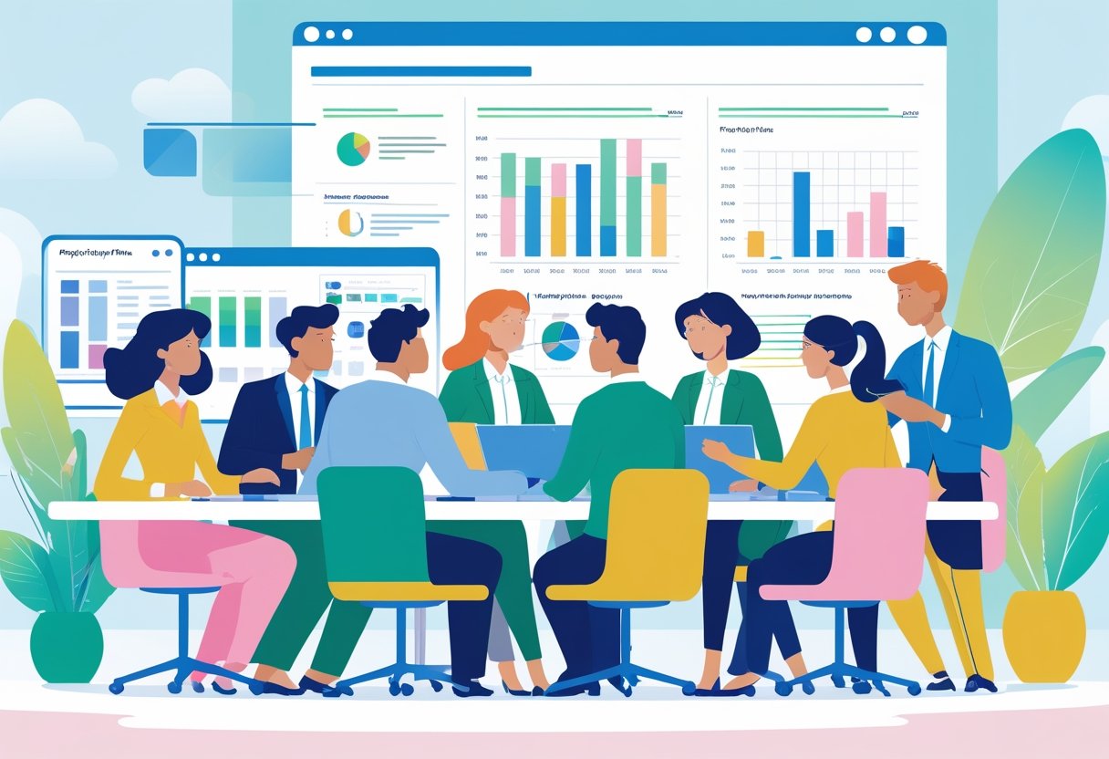 Un gruppo di professionisti che collabora attorno a un tavolo con laptop e grafici in un ufficio luminoso, discutendo i piani di progetto mostrati su un grande schermo.