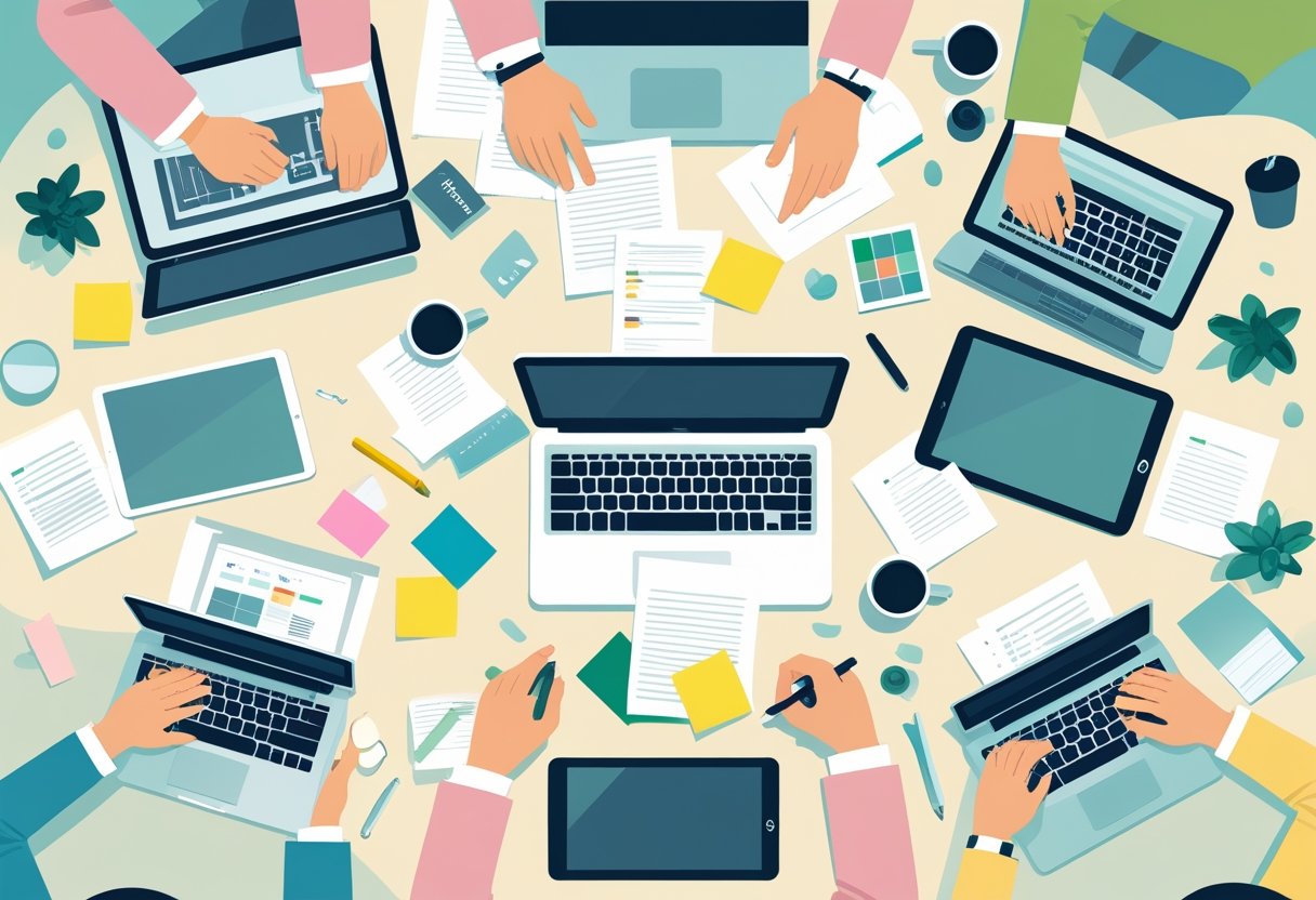 Scrivania disordinata con laptop, tablet, fogli e mani al lavoro: un esempio di gestione di progetto disorganizzata.