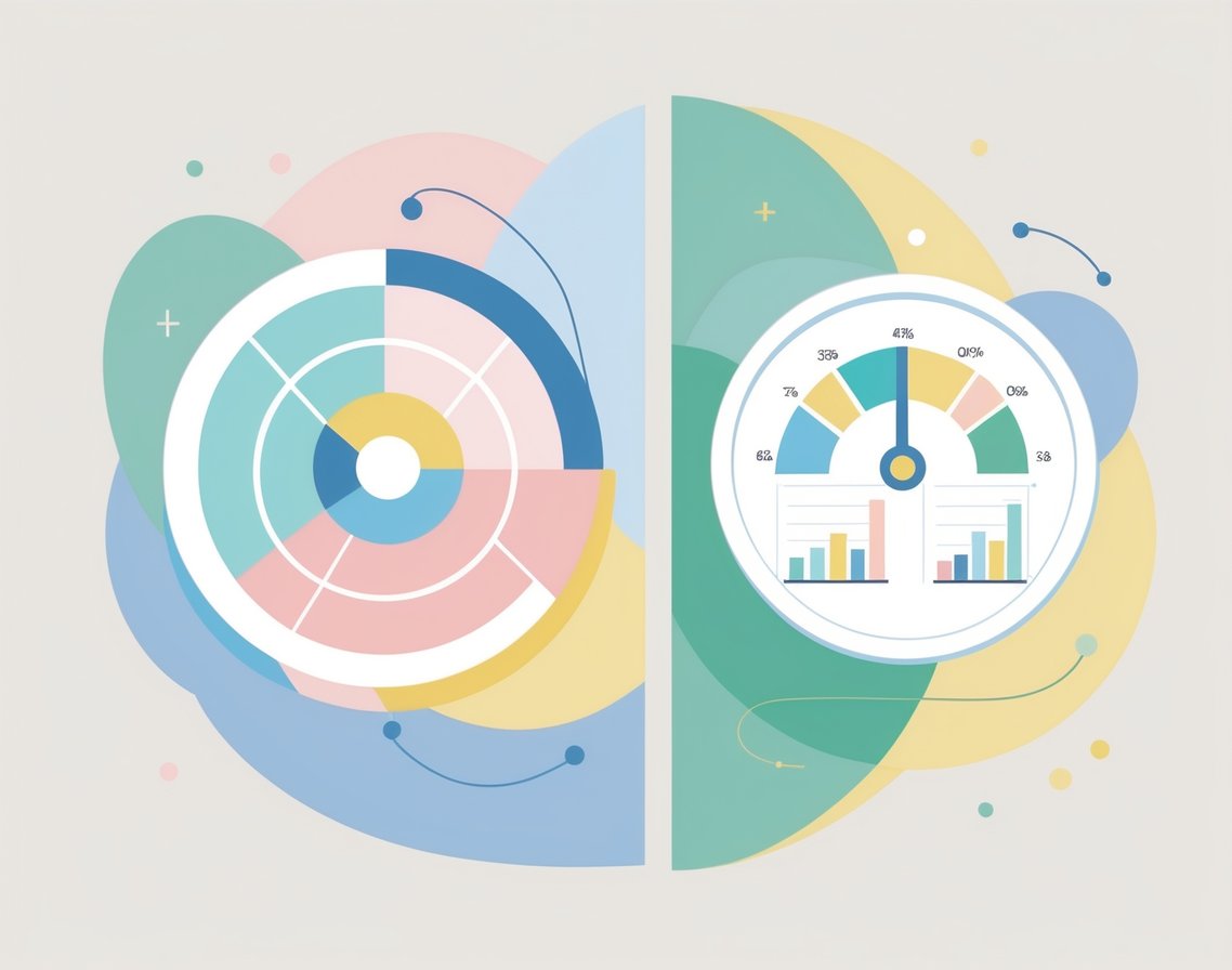 Un&rsquo;illustrazione che mostra due sezioni collegate: una con un simbolo target e segni di spunta che rappresentano obiettivi, e l&rsquo;altra con grafici e indicatori che rappresentano la misurazione delle performance.